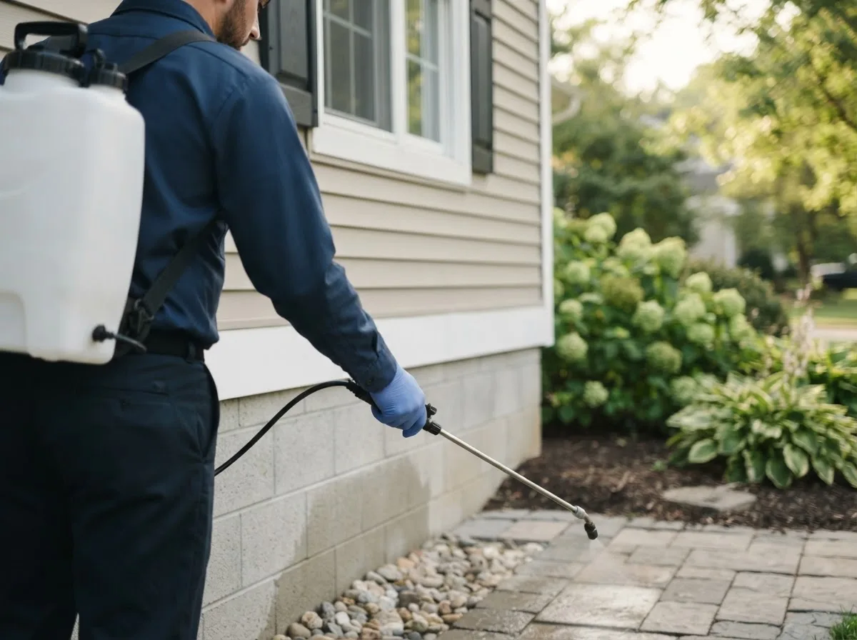 Pest control technician inspecting a home in Noble, MO